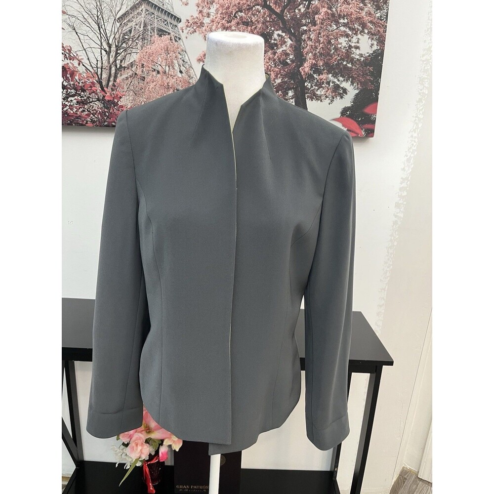 Kasper ASL Womens 2 Pc Blazer Top Set Sz 8 Gray Nehru Mock Neck Shell Camisole